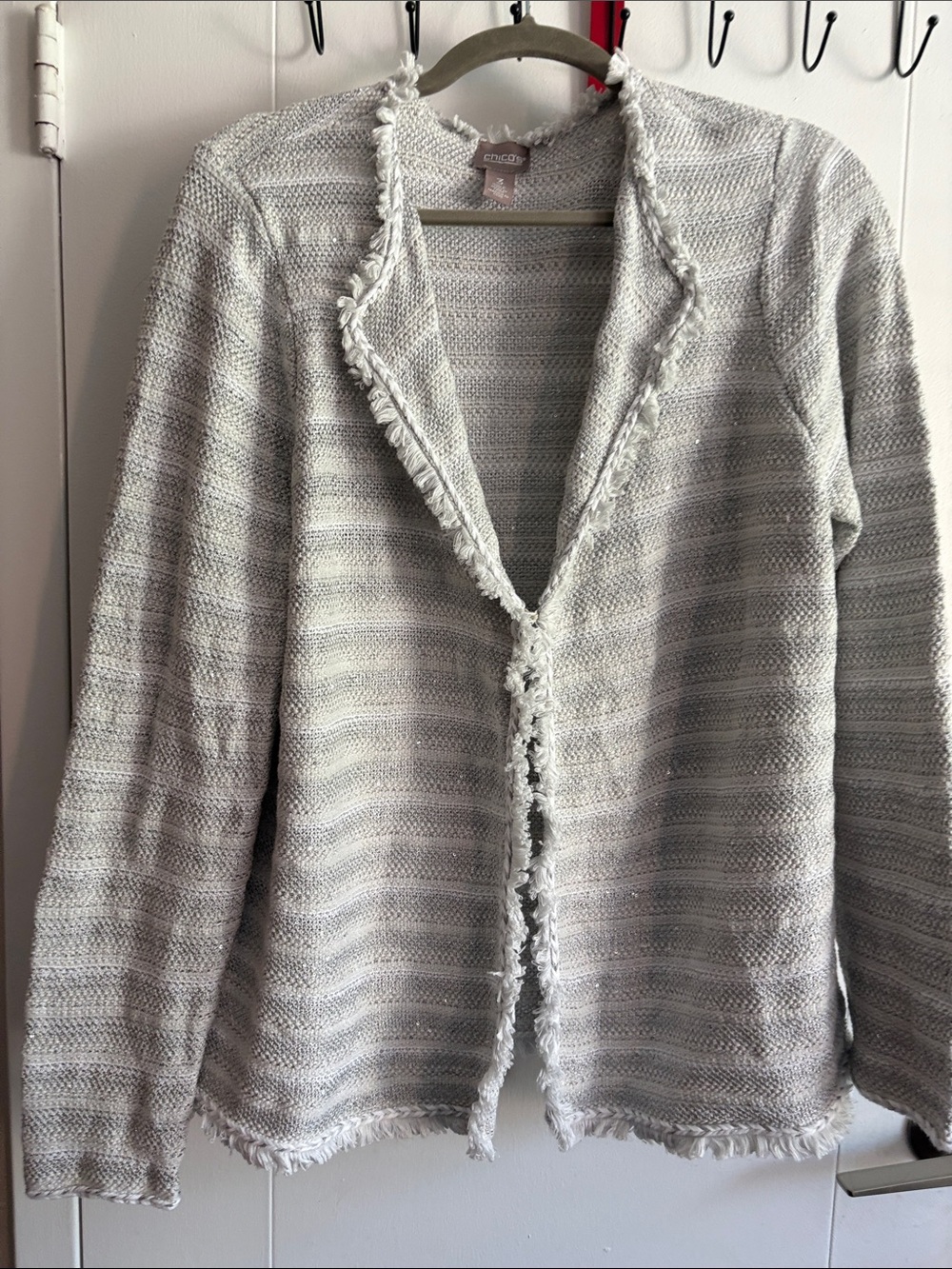 Chico's Light Gray Fringed Open Cardigan